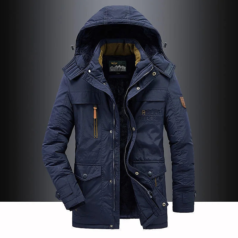 Men's dark insulated hooded winter jacket structured fit heavy-duty outdoor coat with zip closure