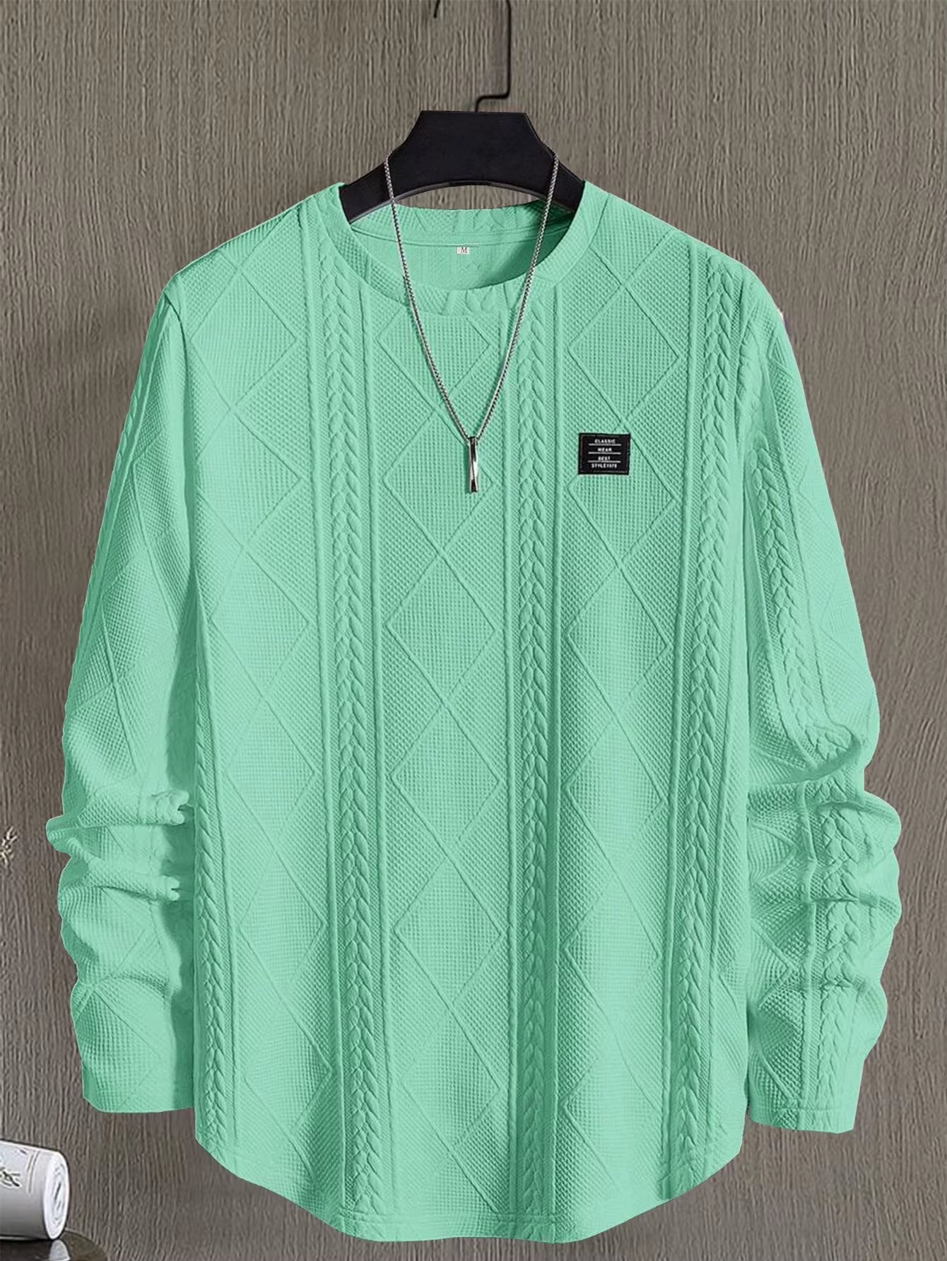 Verso cable knit crewneck sweatshirt with diamond texture pattern, midweight double-knit, modern slim silhouette