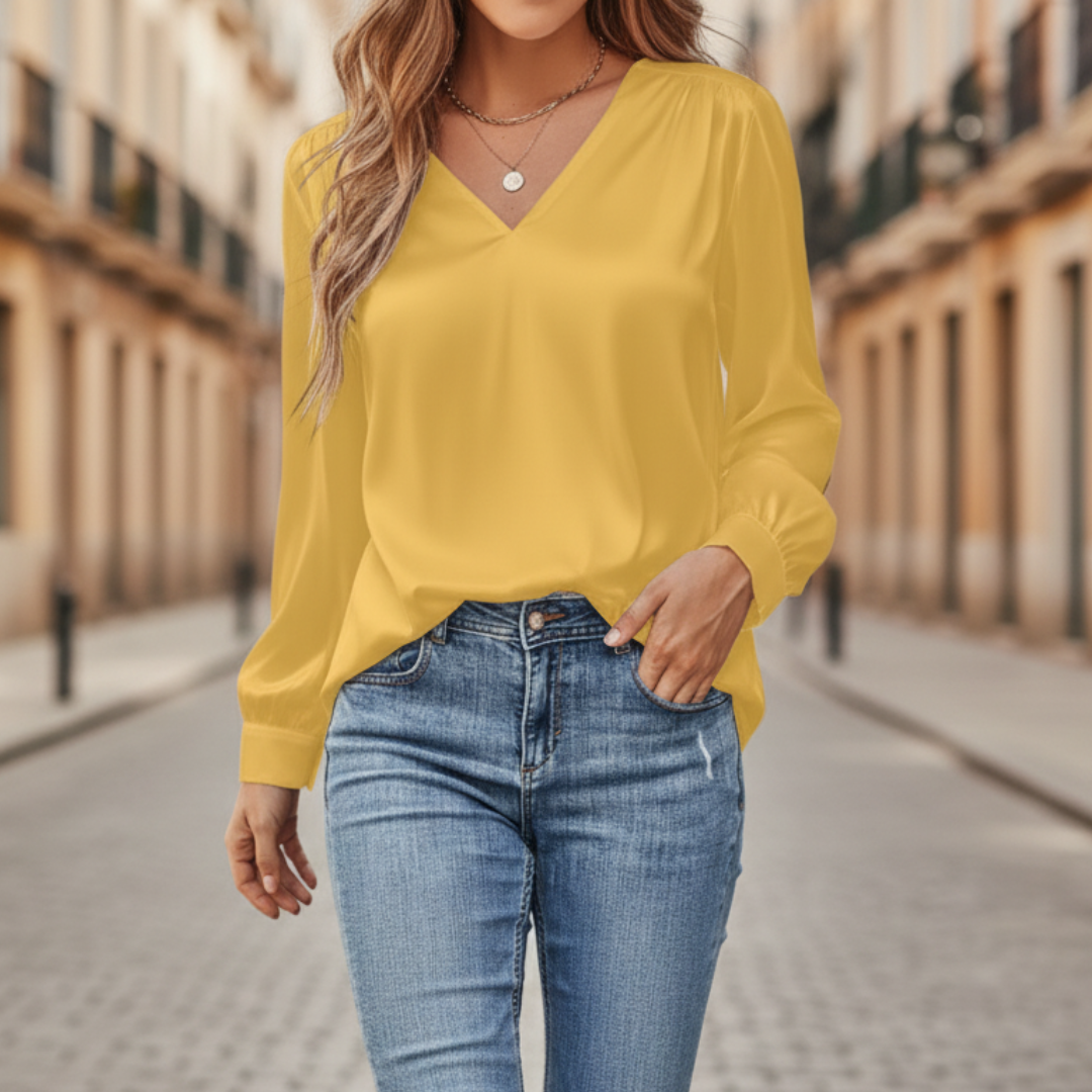 Women's satin long sleeve V-neck blouse, silky lightweight fabric with elegant front closure