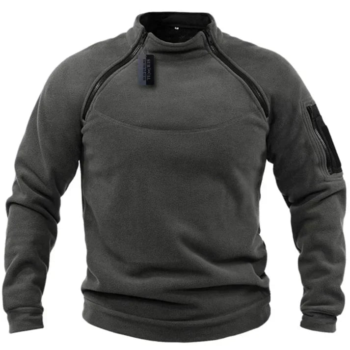 Men's gray fleece zip-up hoodie with front zipper closure, outdoor casual athletic fit