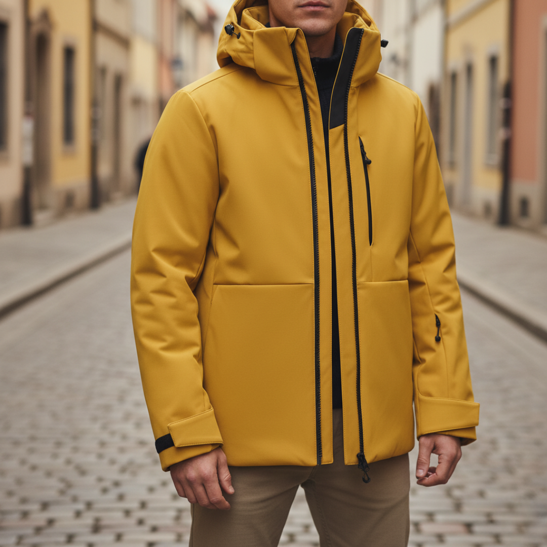 Men's yellow waterproof jacket adjustable hood durable polyester all-weather protection modern fit