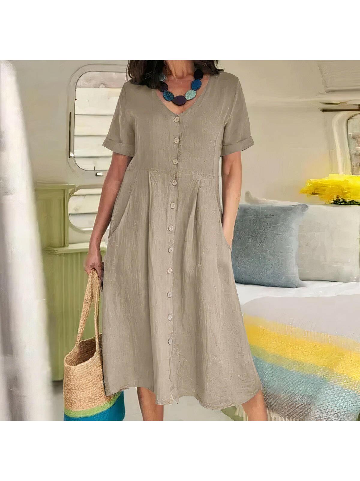 Yasmin relaxed-fit button-front dress in neutral tone, effortless everyday style for women