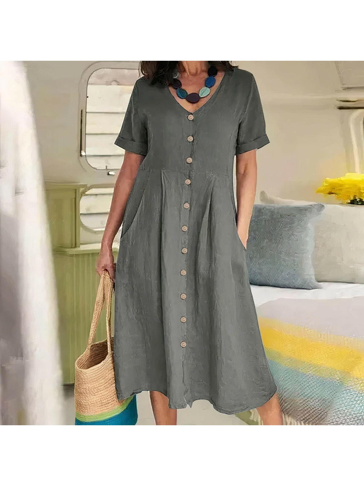Yasmin relaxed-fit button-front dress in neutral tone, effortless silhouette for modern women