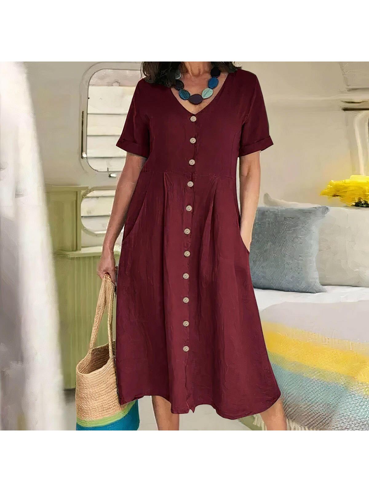 Yasmin relaxed-fit button-front dress in versatile neutral tones, effortless everyday style