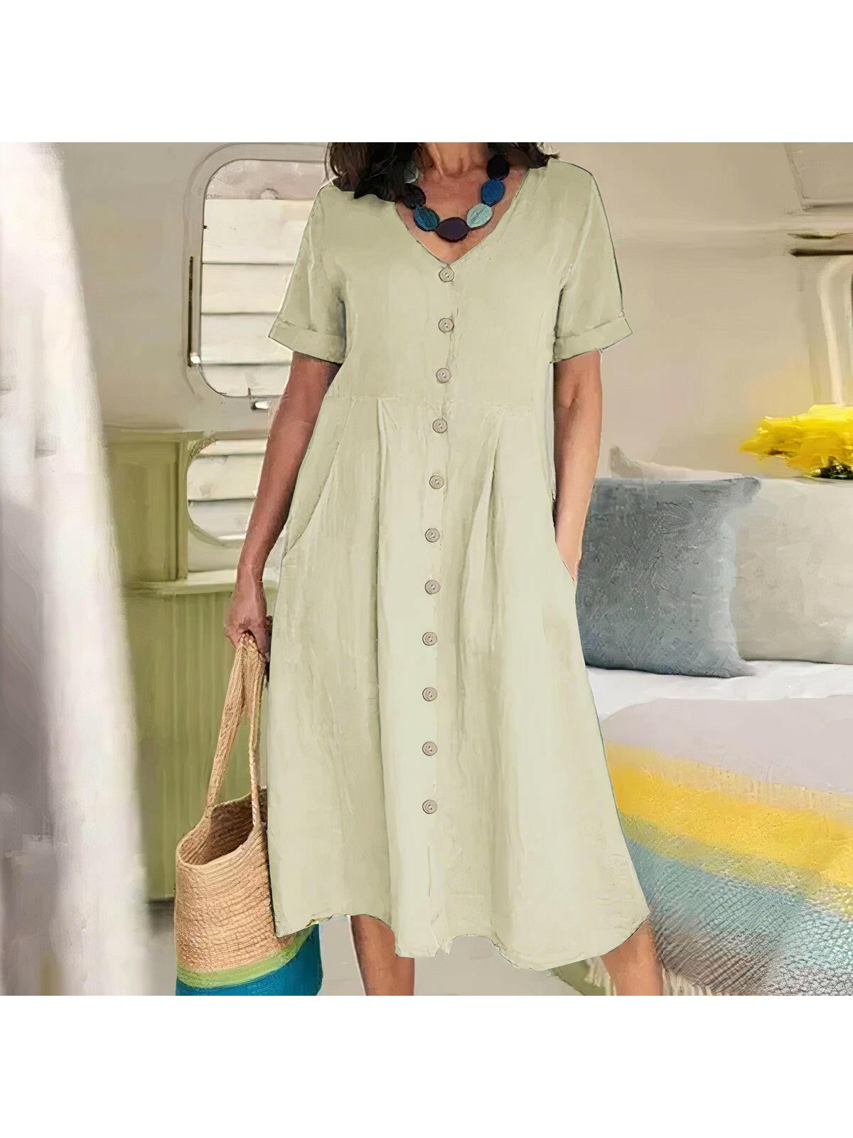 Yasmin relaxed fit button-front dress in neutral tone, effortless everyday style for modern women