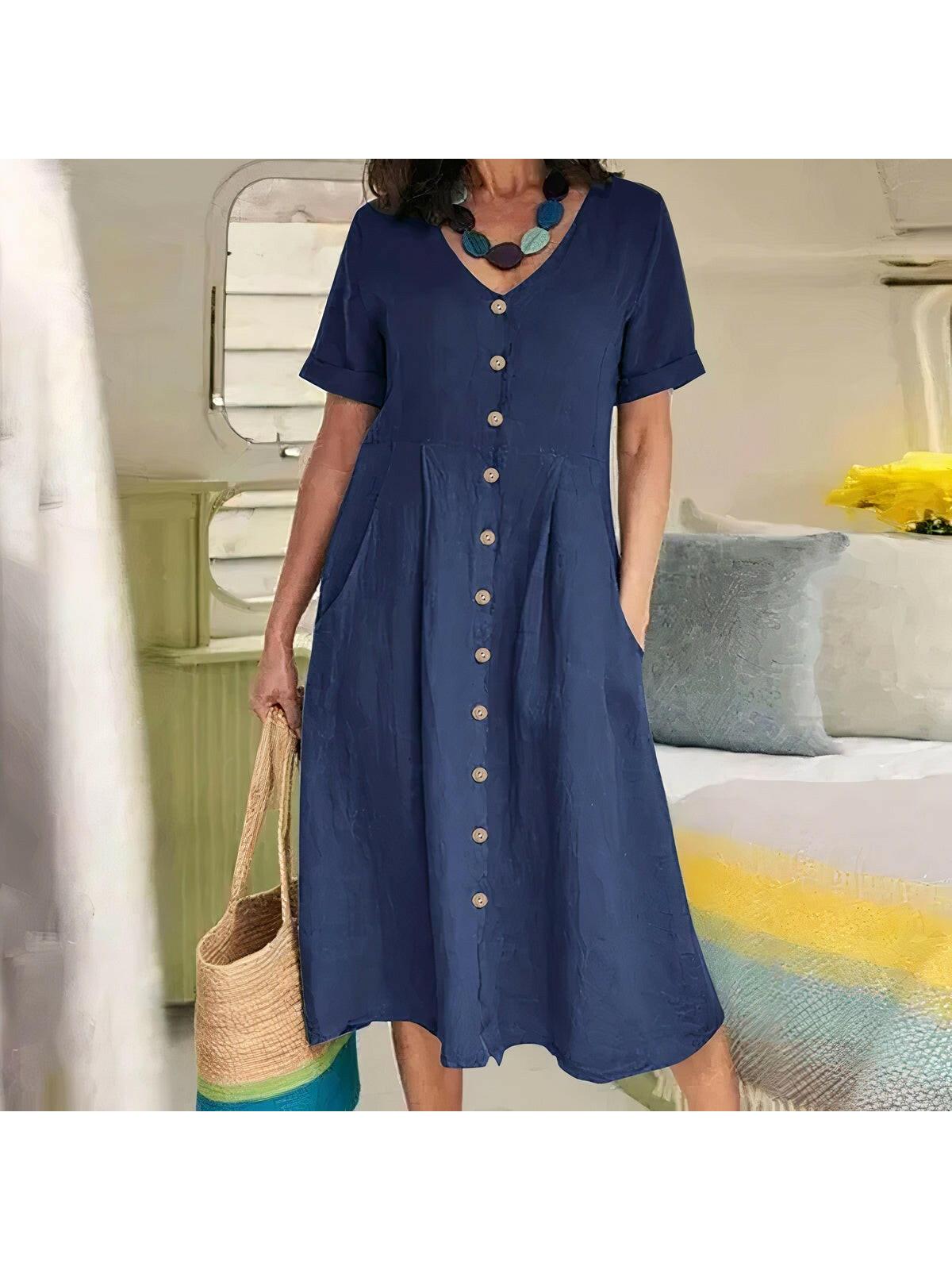 Yasmin relaxed-fit button-front dress in neutral tones, effortless everyday style for women