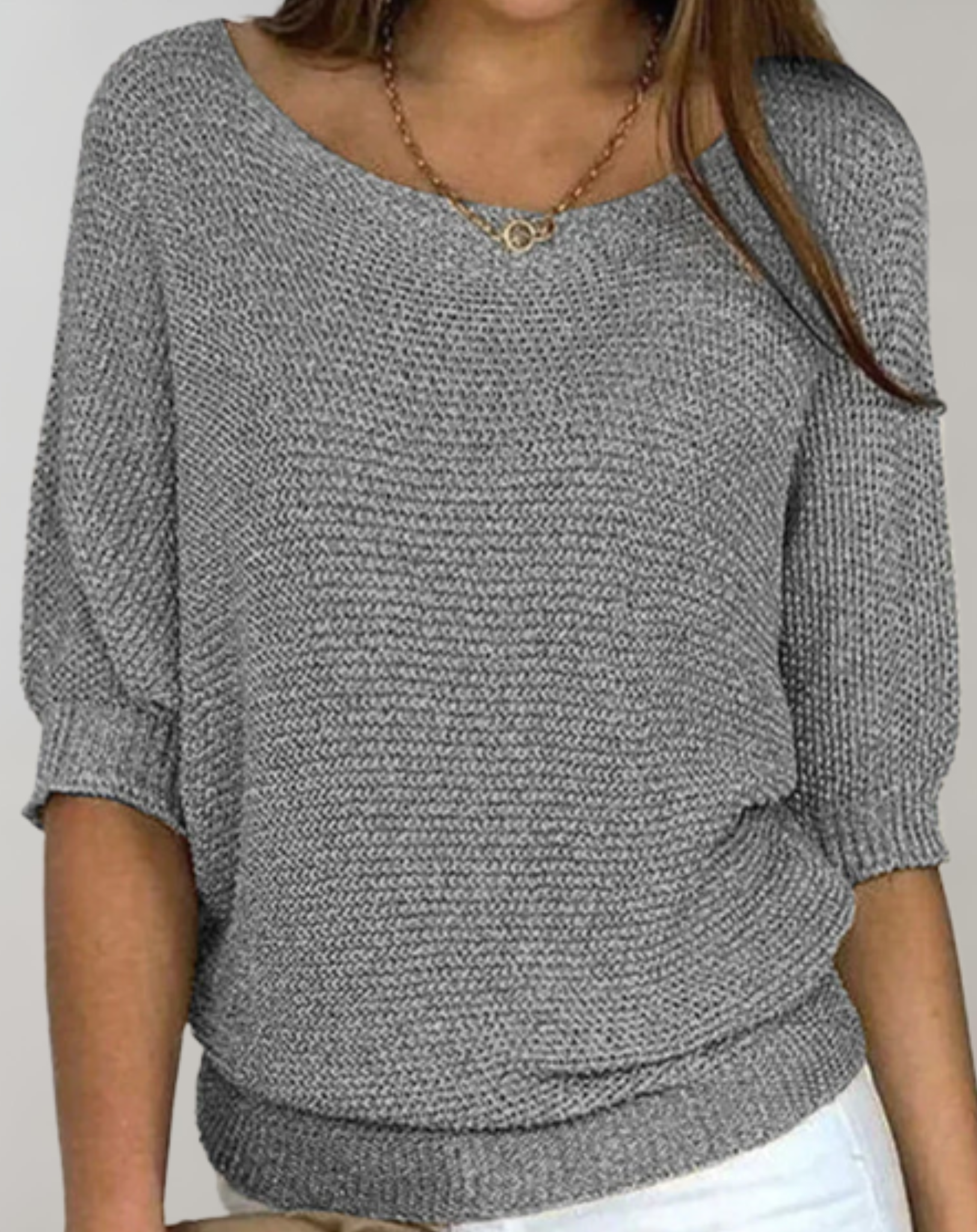 Women's fitted sweater round neckline medium sleeves chic versatile knit top sleek modern silhouette