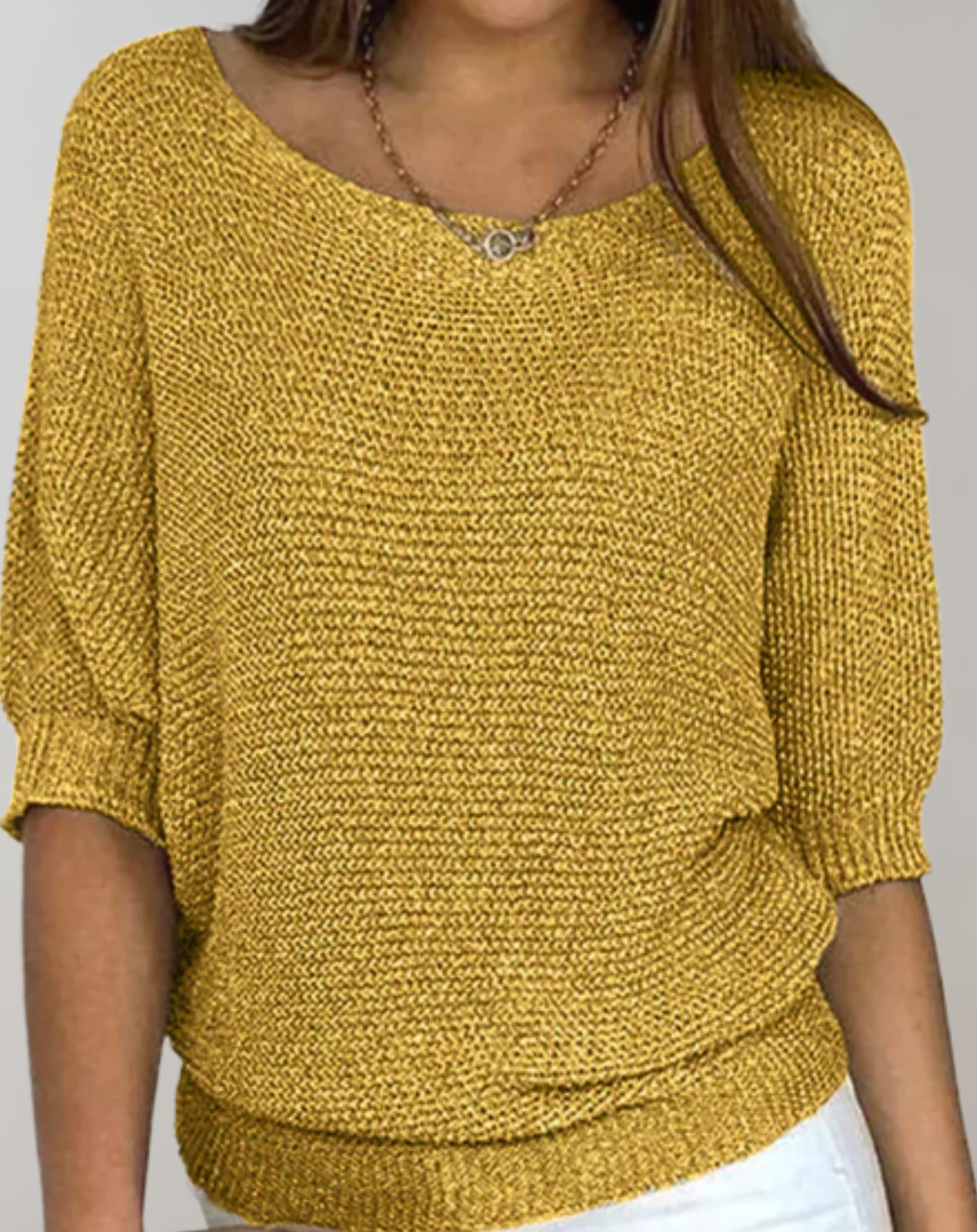 Women's fitted sweater round neckline medium sleeves chic versatile knit top sleek modern silhouette