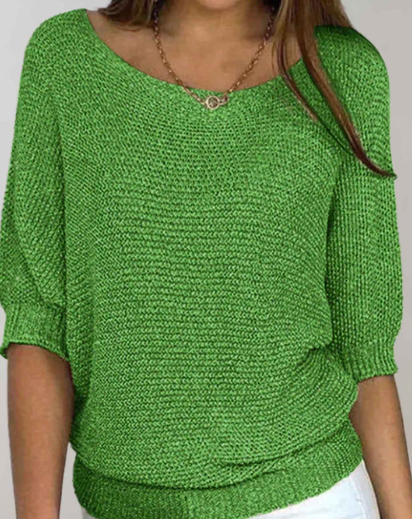 Women's fitted sweater round neckline medium sleeves chic versatile pullover top sleek modern silhouette
