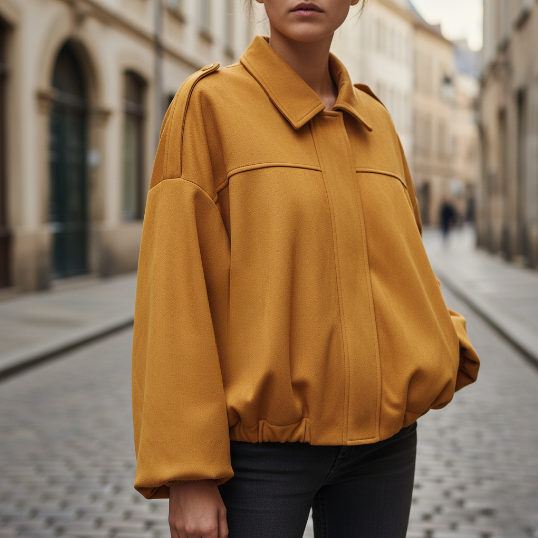 Oversized women's mixed fabric jacket loose-fit structured silhouette for professional layering