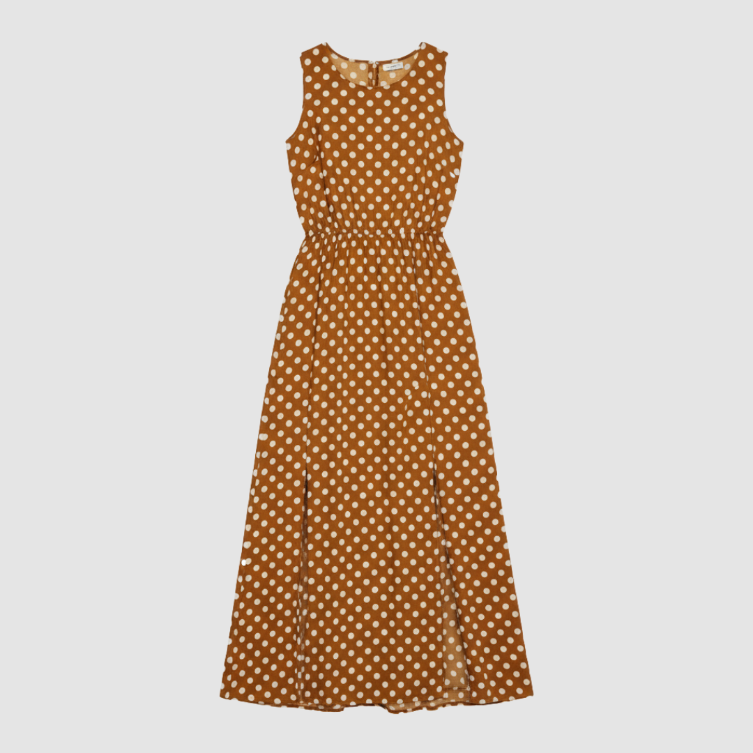 Women's black white polka dot long dress elegant waistband flattering silhouette casual dressy