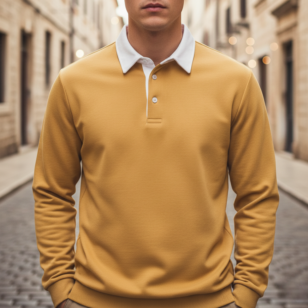 Men's polo sweatshirt soft fabric casual everyday comfort versatile style collar front closure