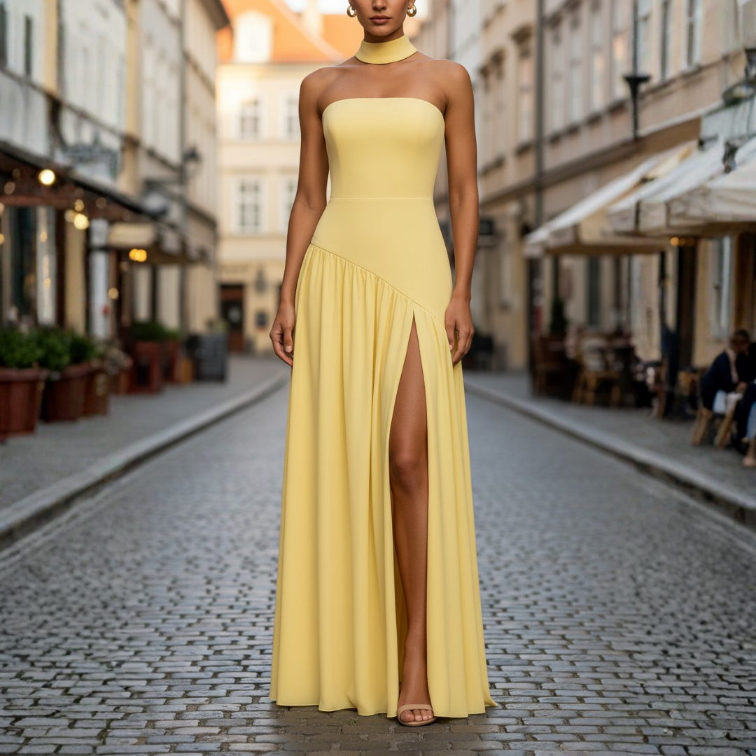 Yellow sleeveless women's dress with sweetheart neckline, side slit, elegant formal summer style