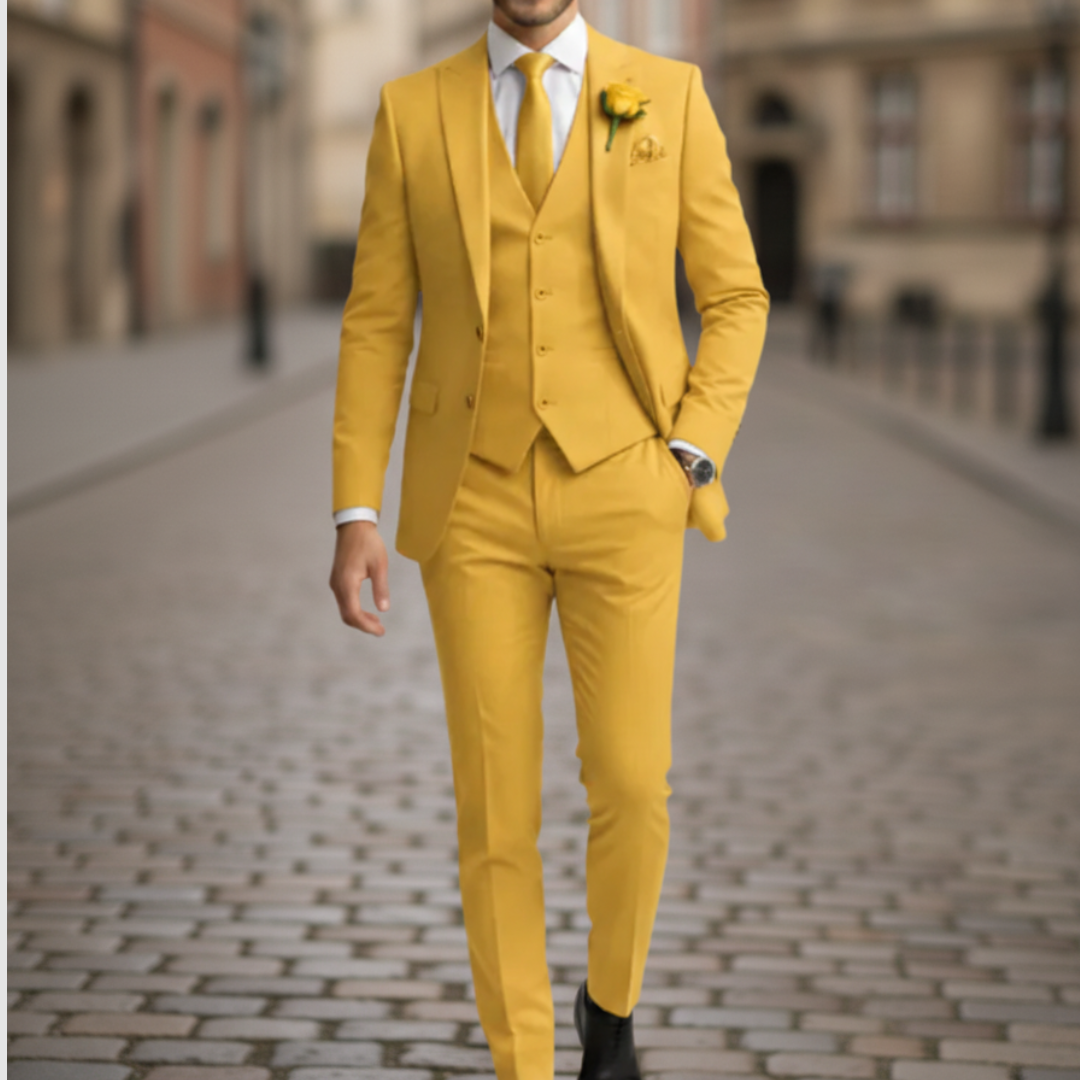 Men's slim fit two-piece suit jacket and pants set in classic black, navy, or grey for formal events
