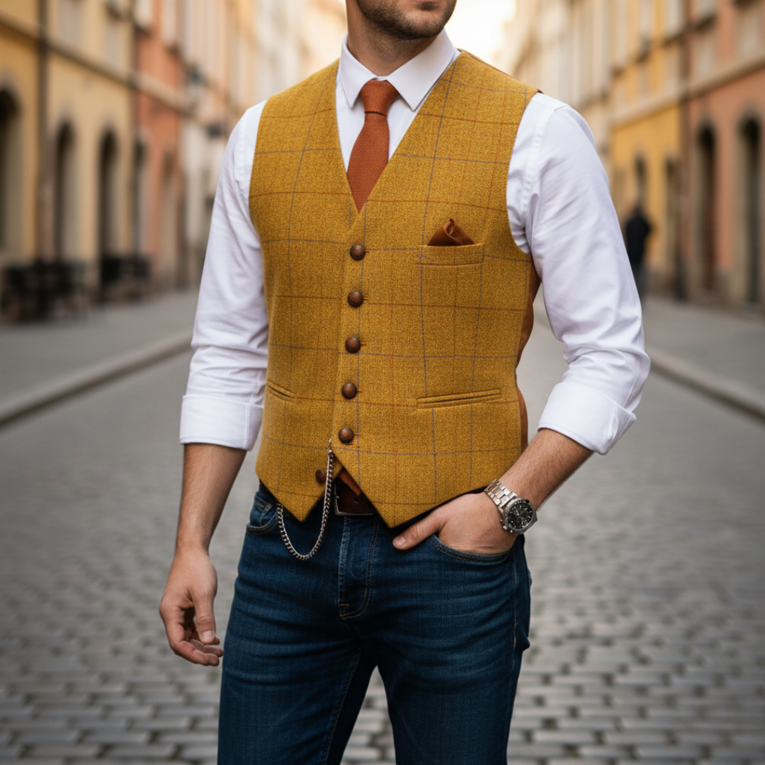 Men's checkered vest tailored single-breasted fit with adjustable back buckle for formal occasions
