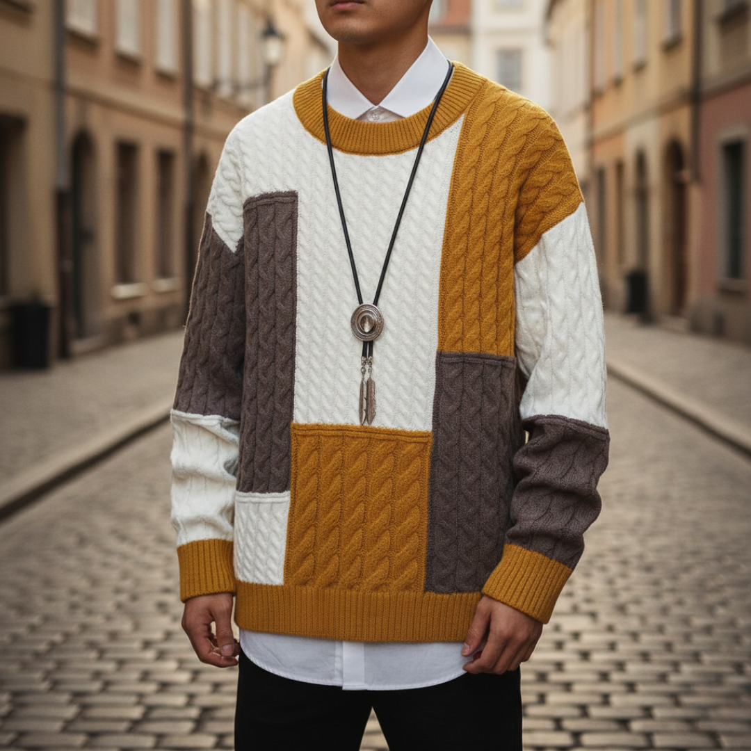 Men's wool sweater with bold geometric patterns in white, brown, yellow, and gray color-blocking