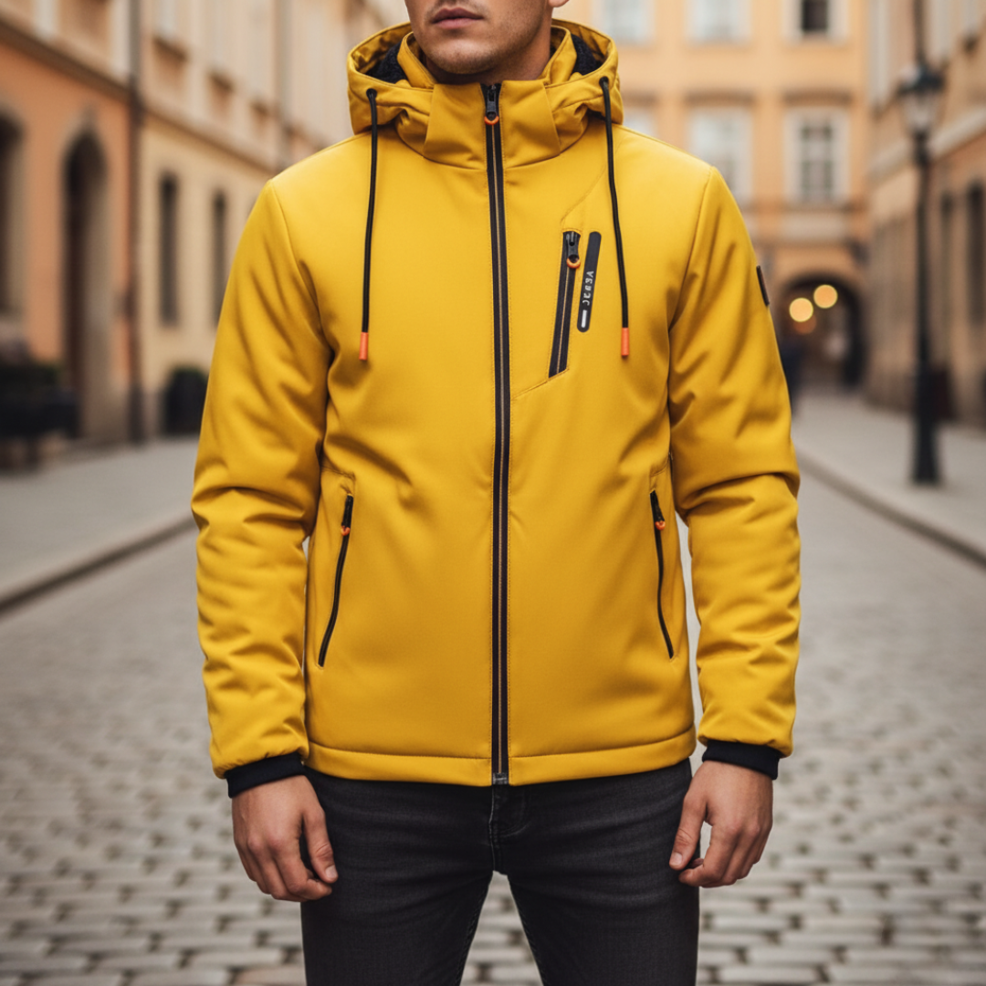 Men's yellow lightweight softshell jacket windproof weather-resistant slim-fit outdoor polyester layer