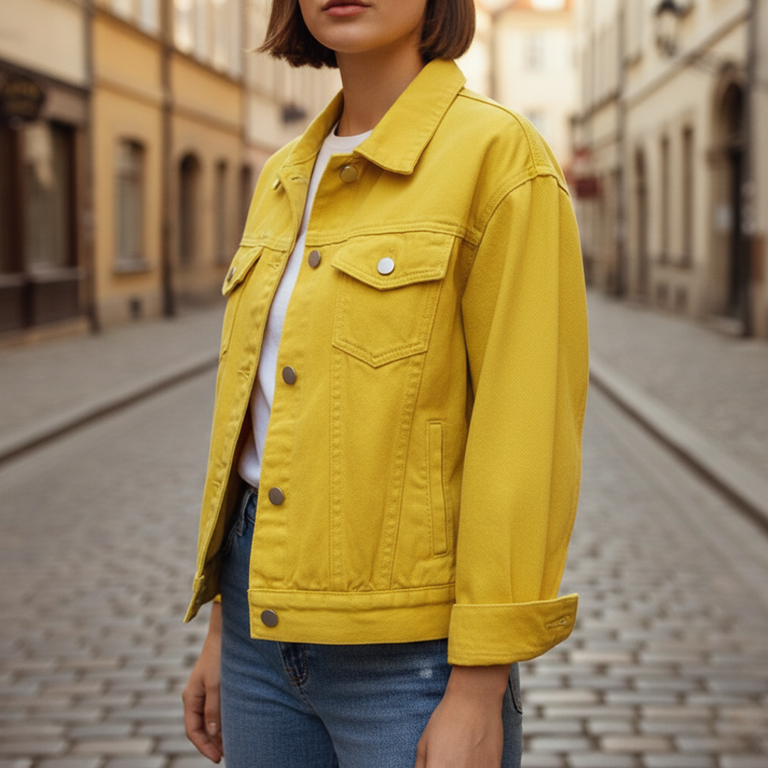 Women's pink denim-style jacket polyester blend with metal buttons and functional pockets