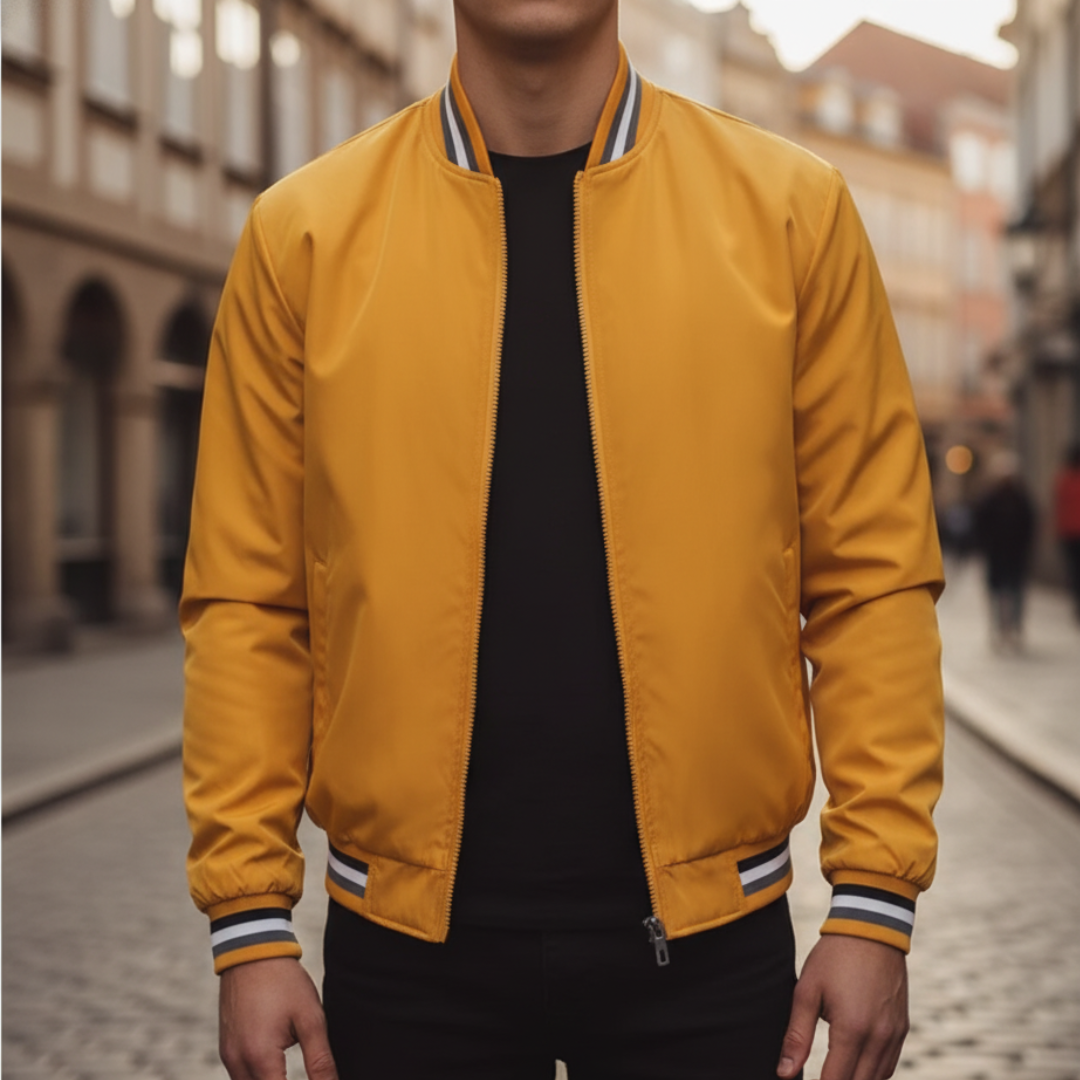 Men's green polyester bomber jacket with elastic cuffs and hem, casual lightweight outerwear for adults