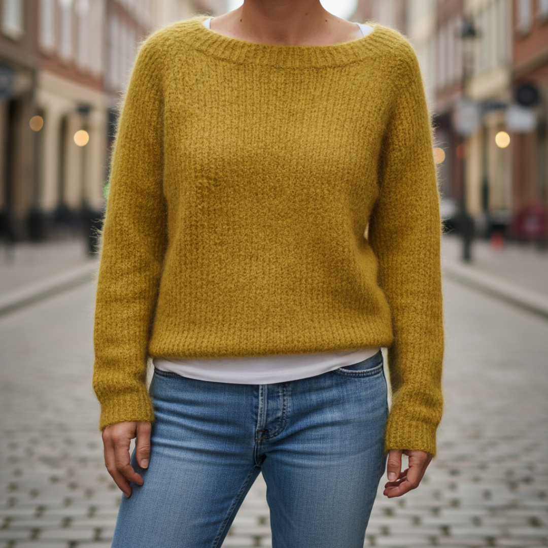 Women's long sleeve polyester knit sweater round neckline cozy casual fit in black orange or green