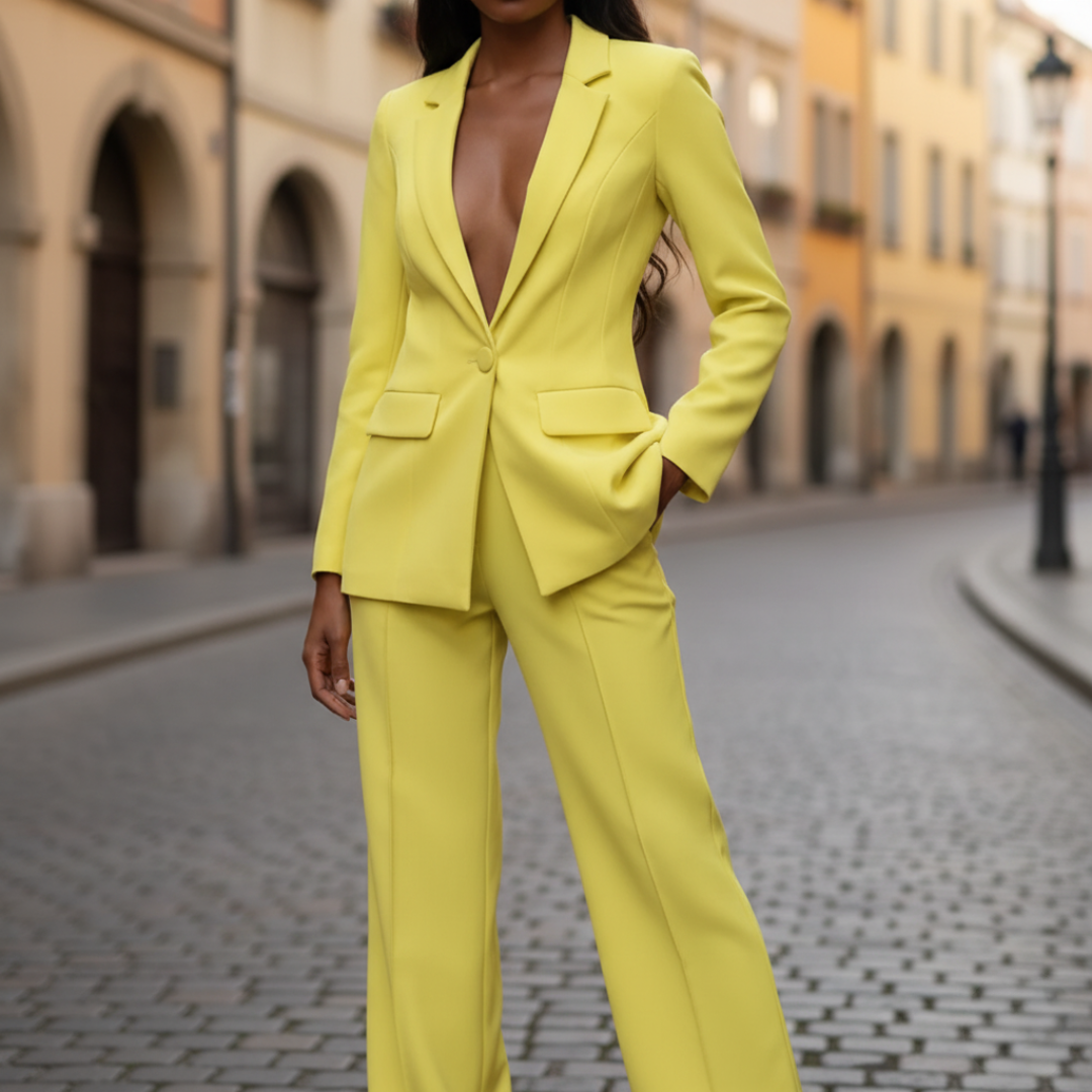 Women's elegant ivory tailored blazer suit with high-waist wide-leg palazzo pants for ceremonies