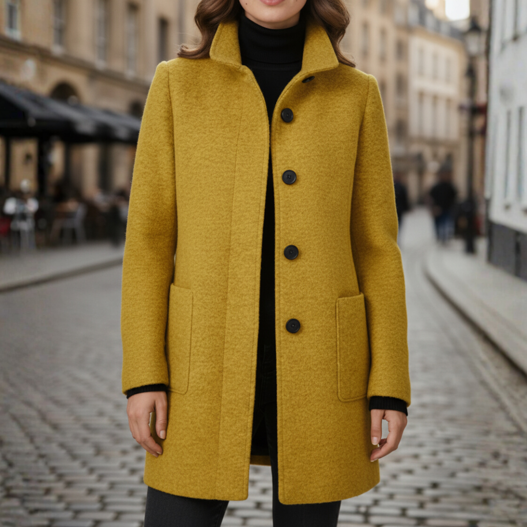 Womens versatile polyester winter coat with black buttons, side pockets, modern silhouette