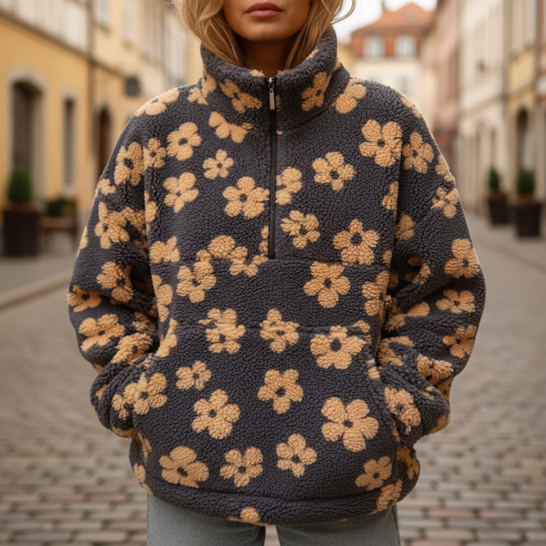 Women's floral fleece zip-up jacket with high collar, cozy warm fit, cheerful print winter essential