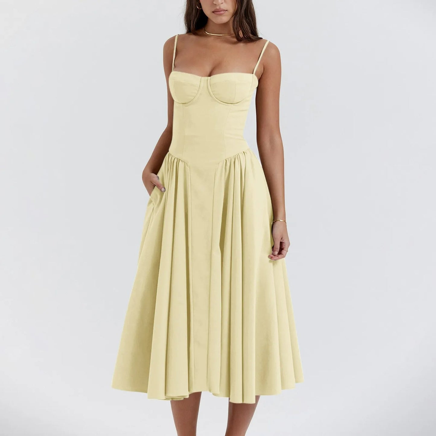 Elegant vintage corset cocktail midi dress with sculpted bustier bodice and pleated midi skirt