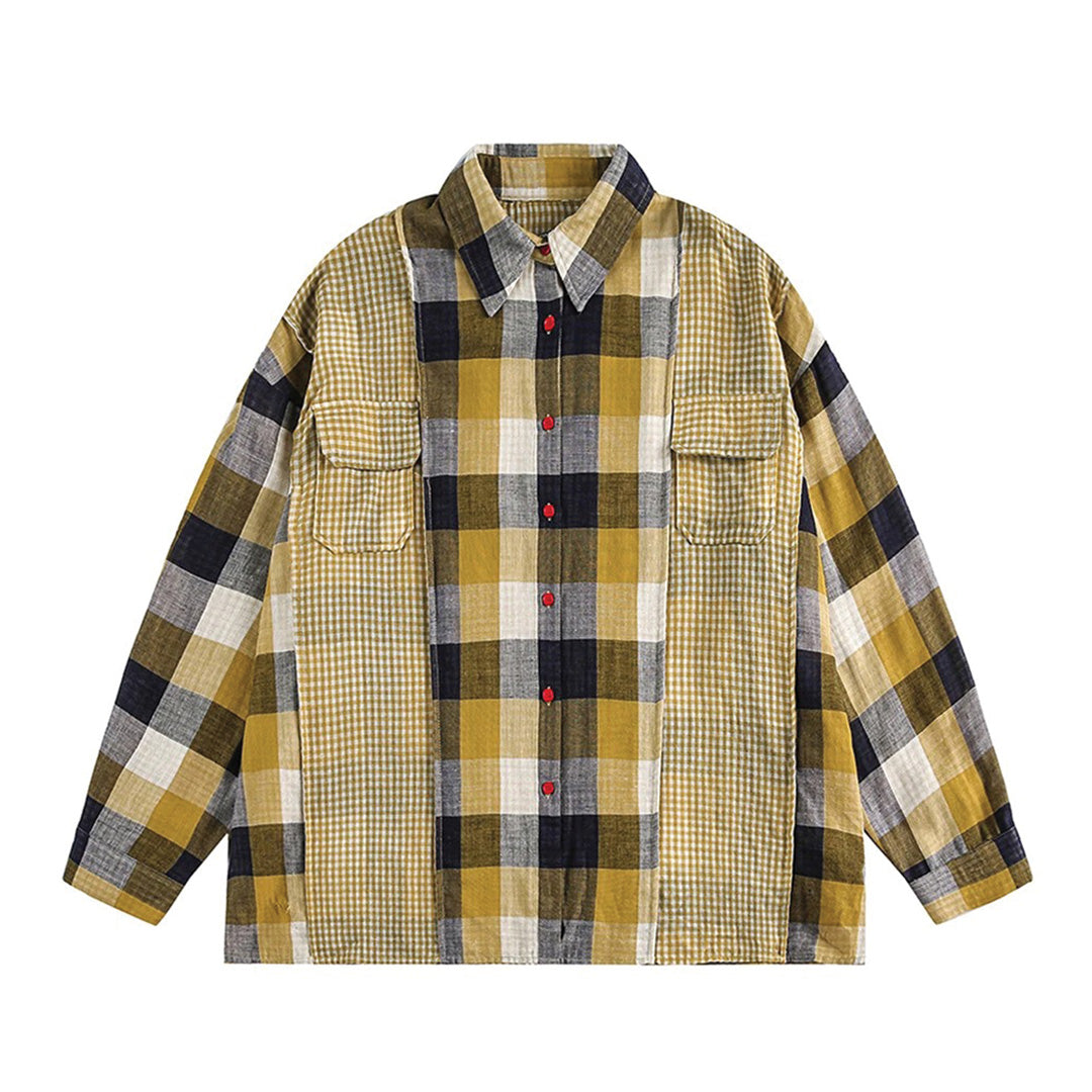 Unisex relaxed fit plaid cotton shirt with red button closure and contrasting panel detail