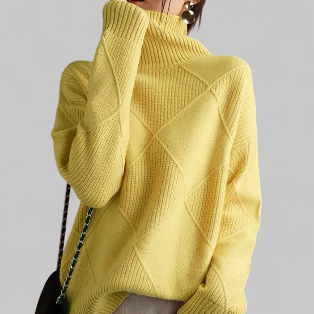 Violet women's turtleneck sweater with diamond-knit pattern, cozy winter style in rich purple hue