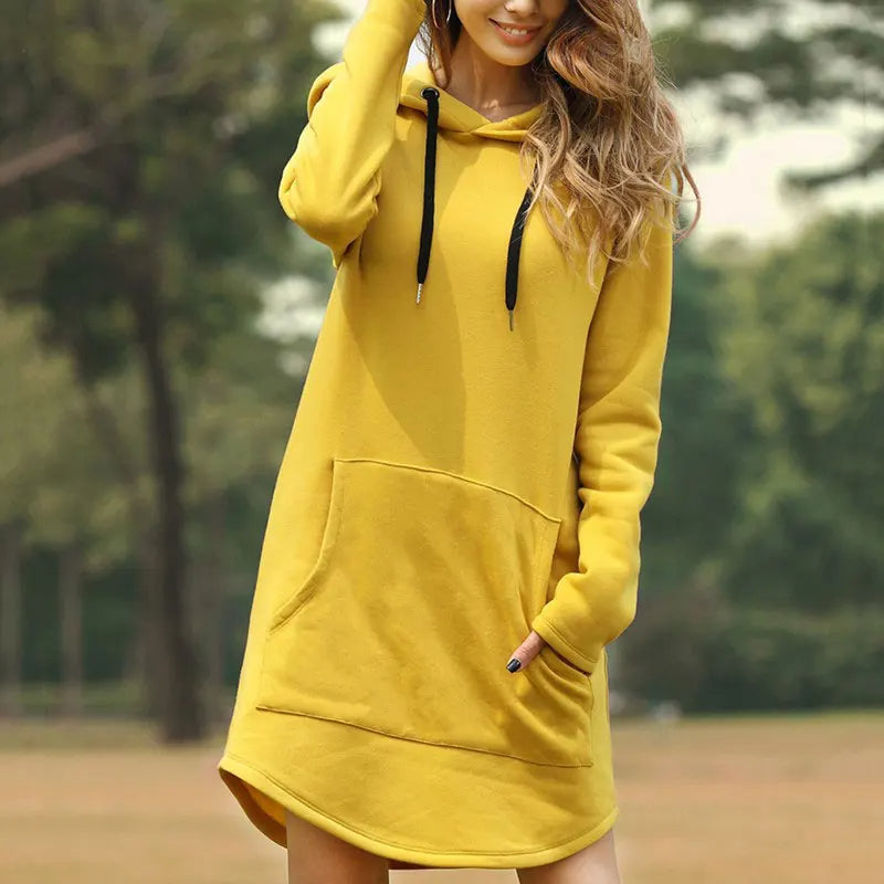 Women's black fleece hoodie dress A-line cocoon silhouette with cozy hood casual chic