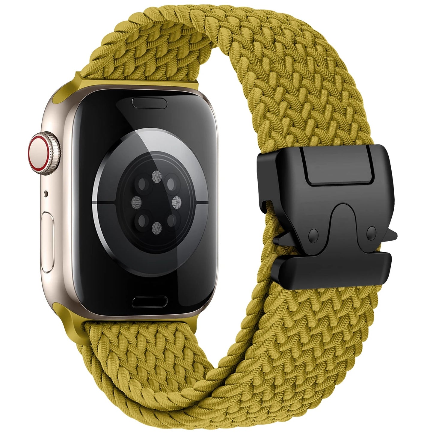 Strauss elastic nylon Apple Watch band in neutral tones with secure parachute buckle for active wear