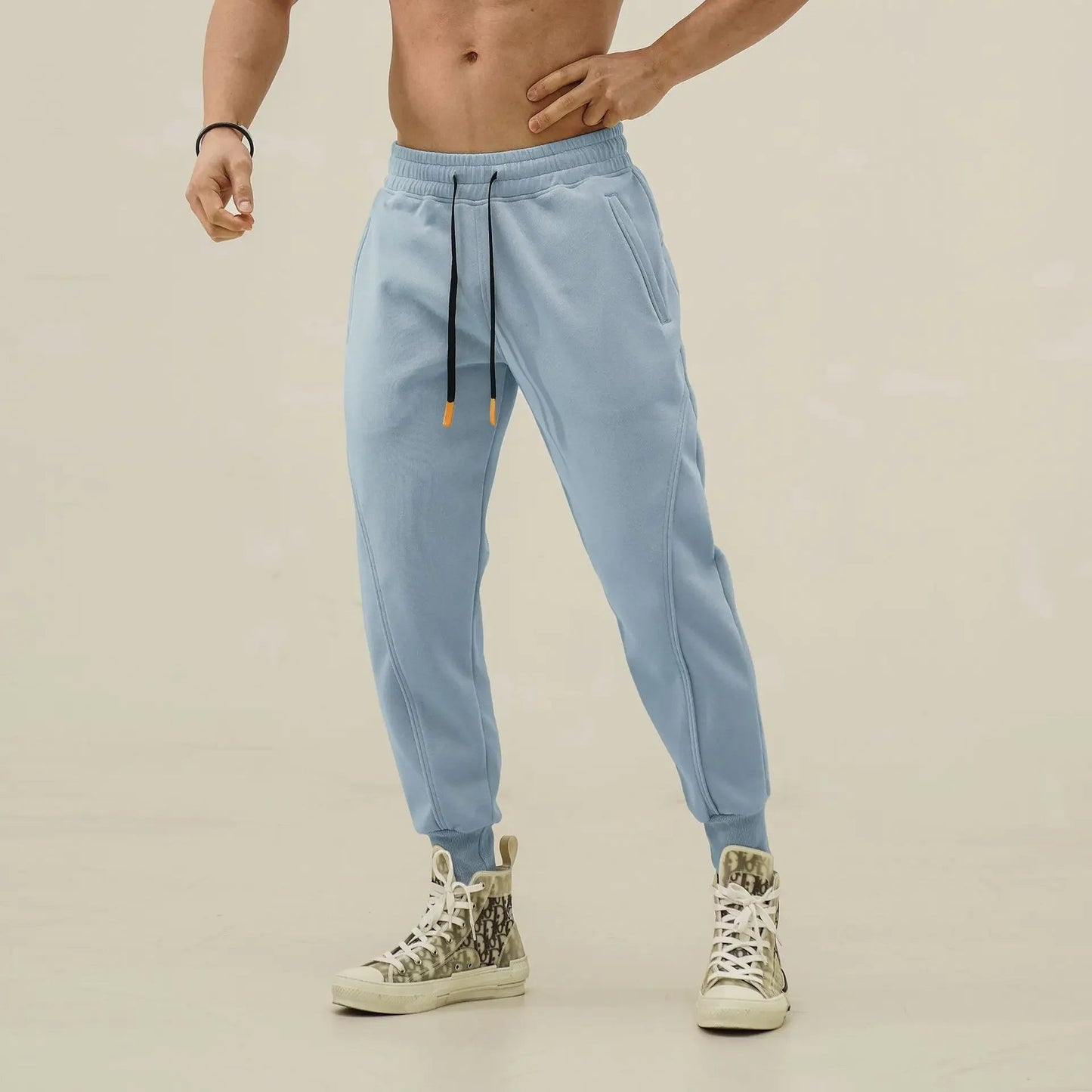 Men's gray premium fleece harem sweatpants sculpted fit with ergonomic seams athletic lounge