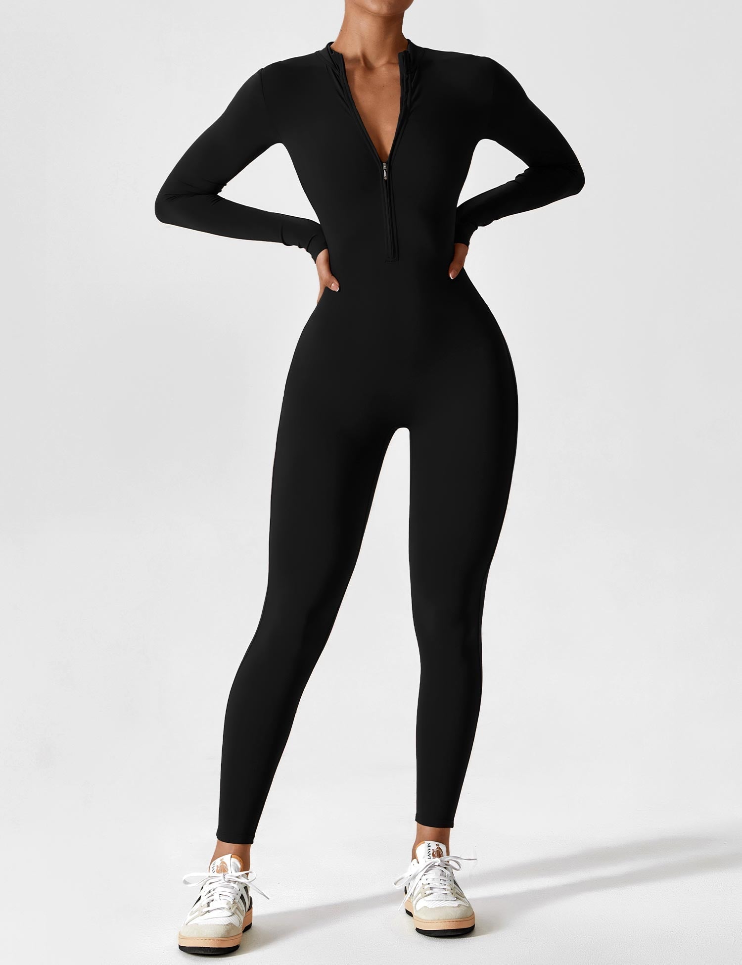 Women's elegant autumn jumpsuit stand collar front zipper tailored fit polished silhouette