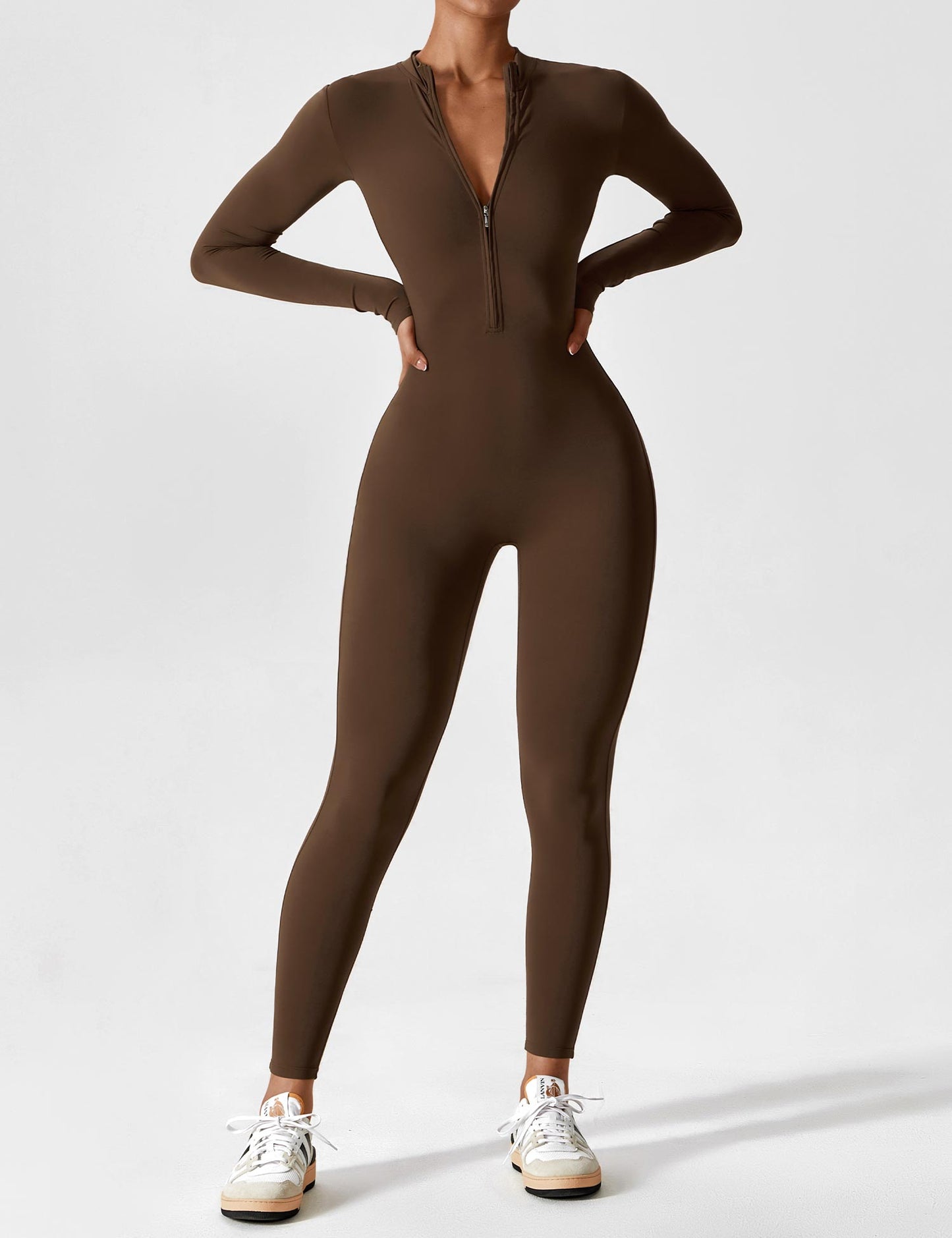 Women's chic autumn jumpsuit stand collar front zipper tailored elegant silhouette