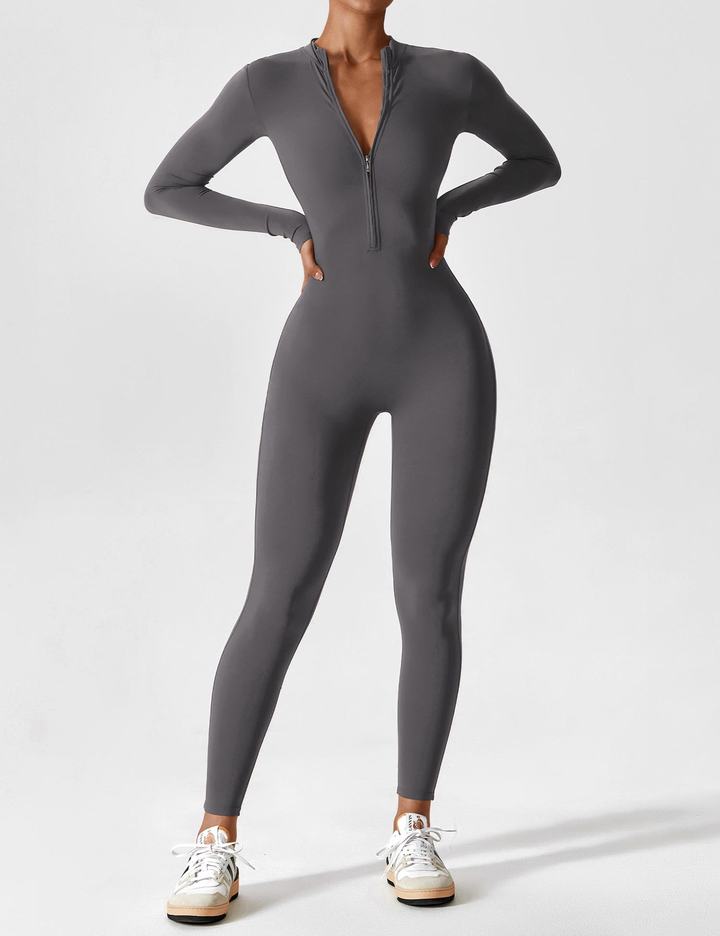 Women's elegant autumn jumpsuit stand collar front zipper tailored fit polished silhouette