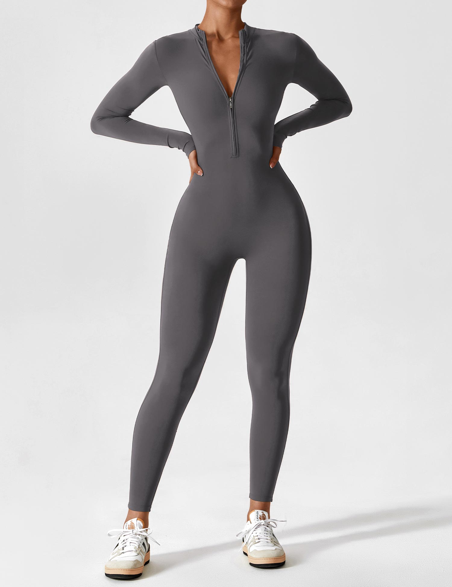 Women's elegant autumn jumpsuit stand collar front zipper tailored fit polished silhouette