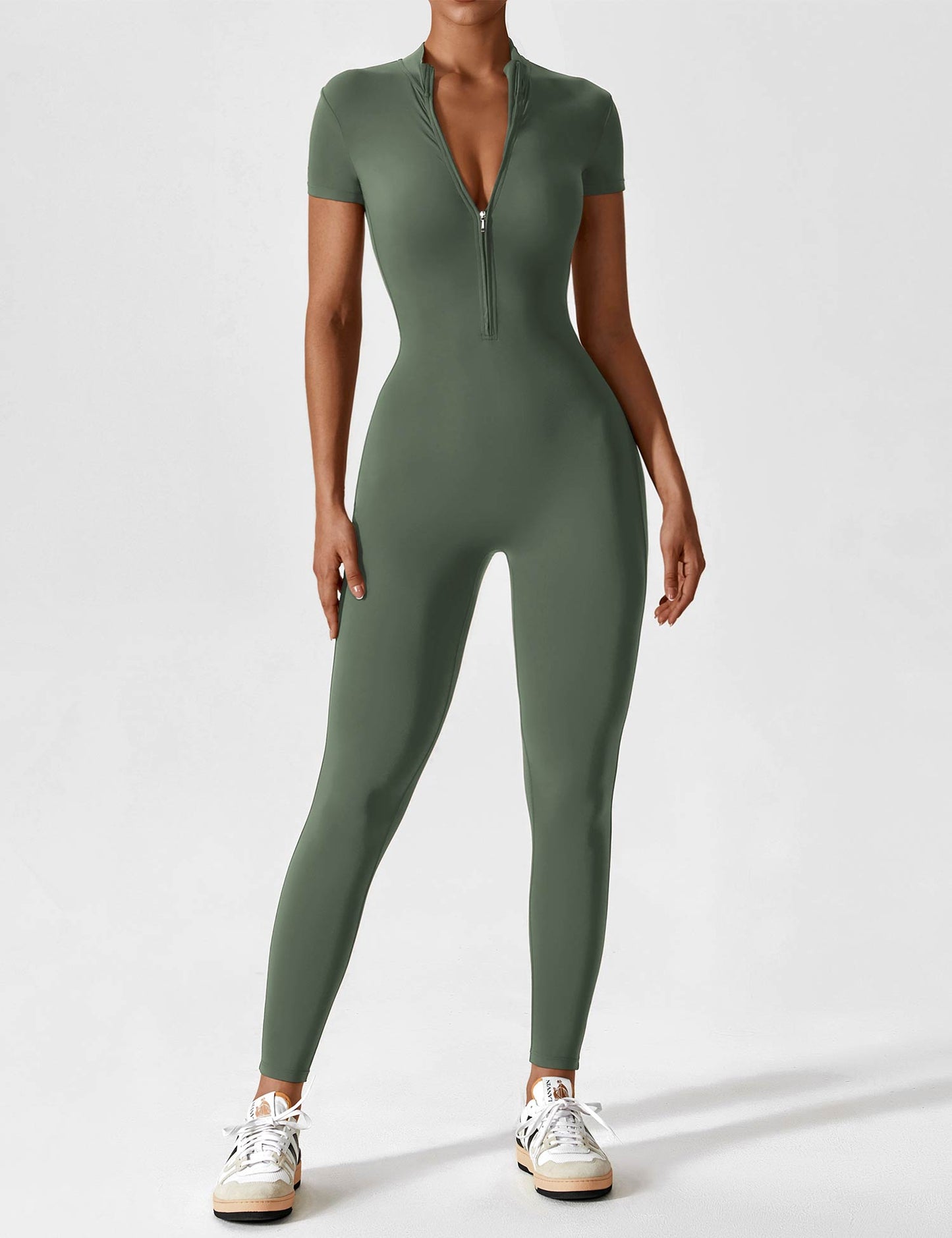 Women's elegant autumn jumpsuit with stand collar, front zipper, tailored fit, polished silhouette