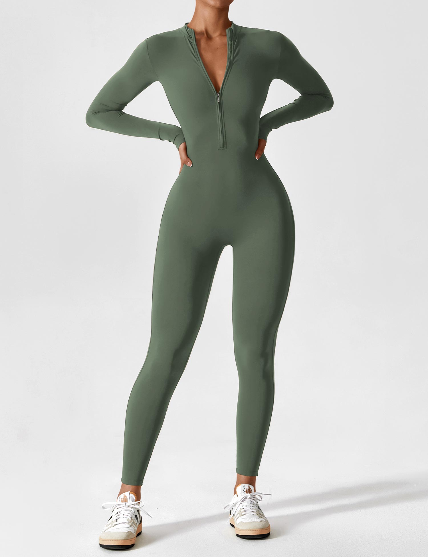 Women's chic autumn jumpsuit stand collar front zipper tailored fit elegant silhouette