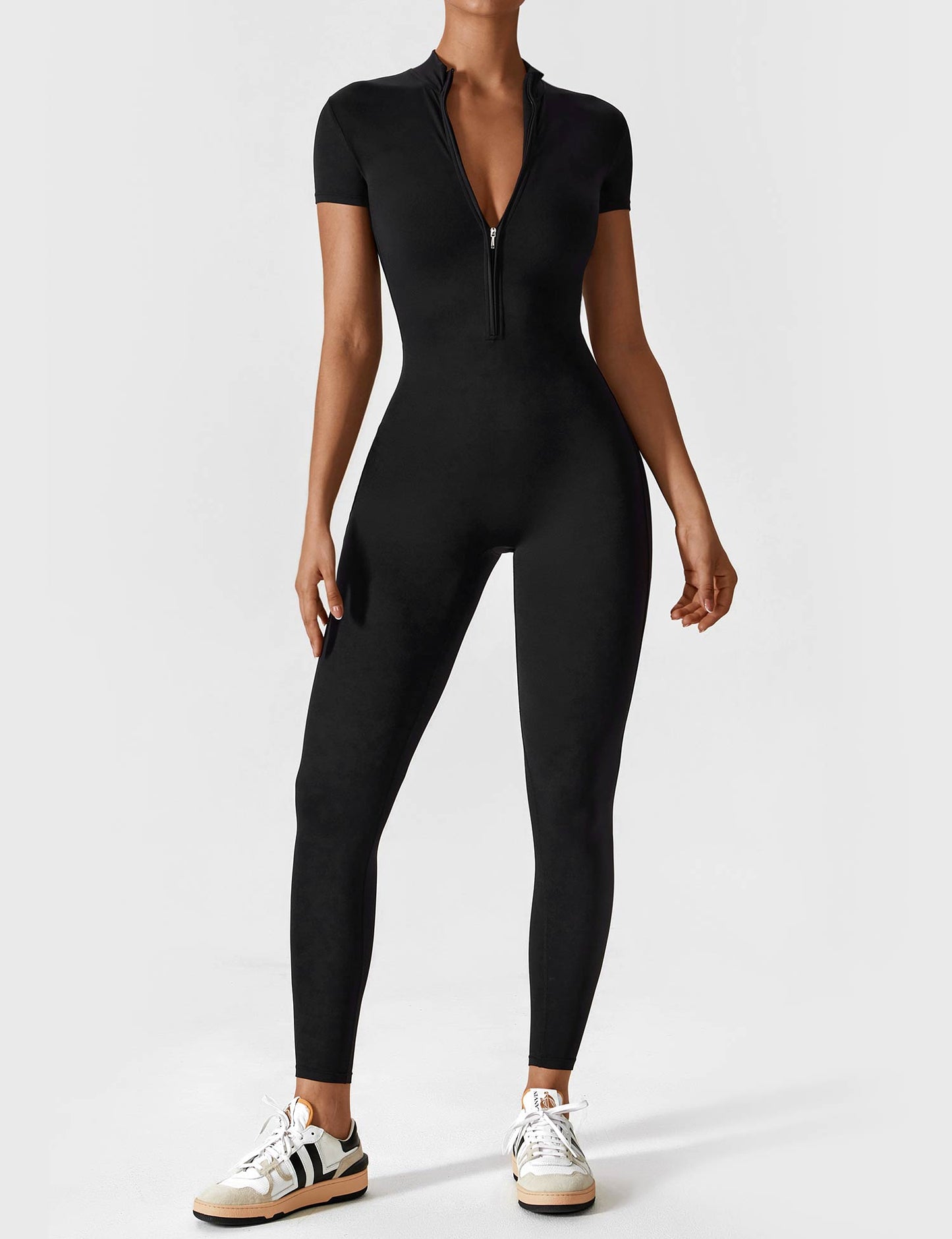 Women's autumn jumpsuit elegant stand collar front zipper tailored fit polished silhouette