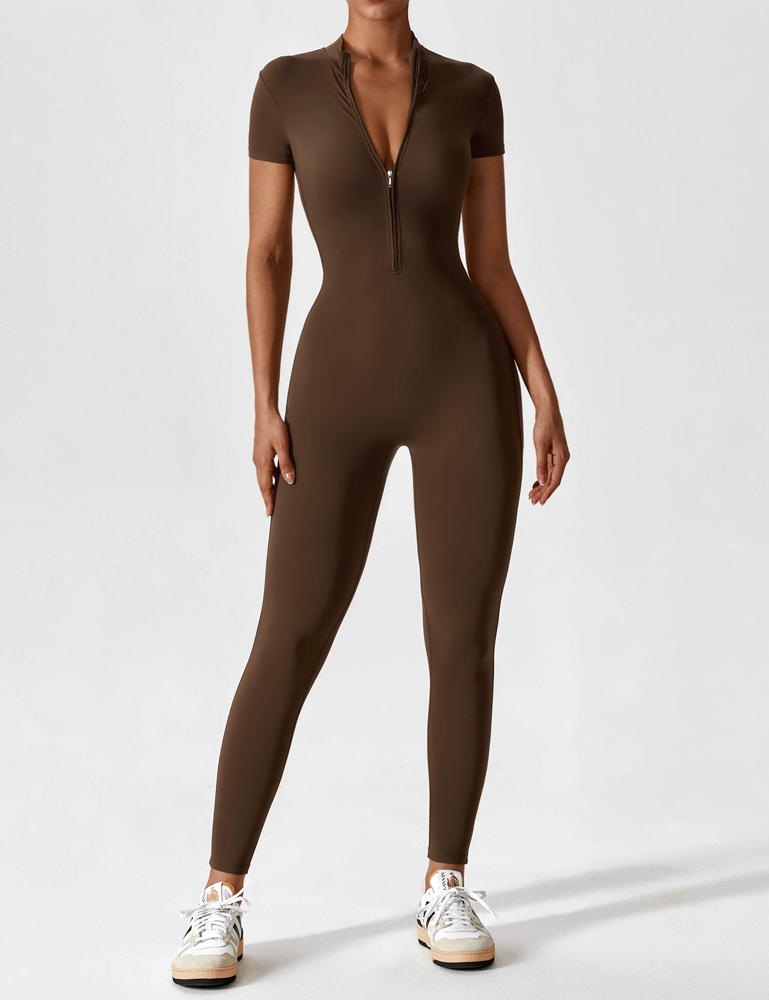Women's elegant autumn jumpsuit with stand collar, front zipper, tailored fit, polished silhouette