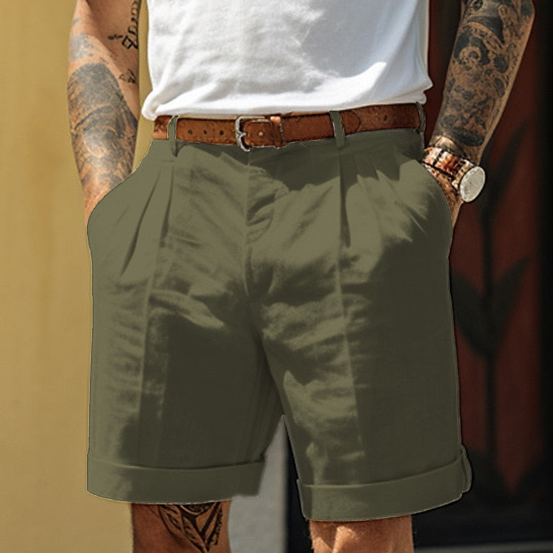 Men's linen-cotton blend classic shorts breathable lightweight summer casual fit versatile warm weather