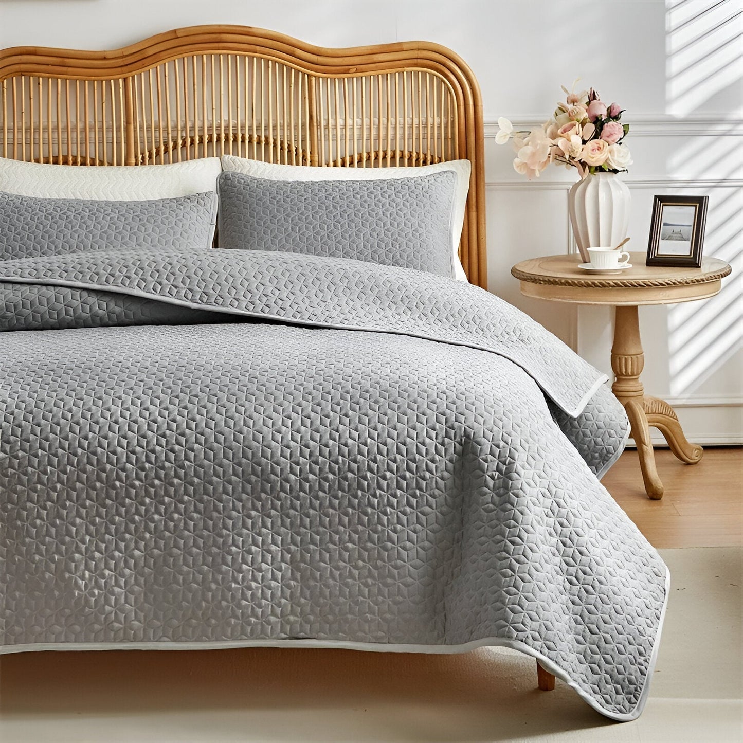 Beige quilted bedspread set three-piece minimalist neutral tones soft lightweight bedroom ensemble