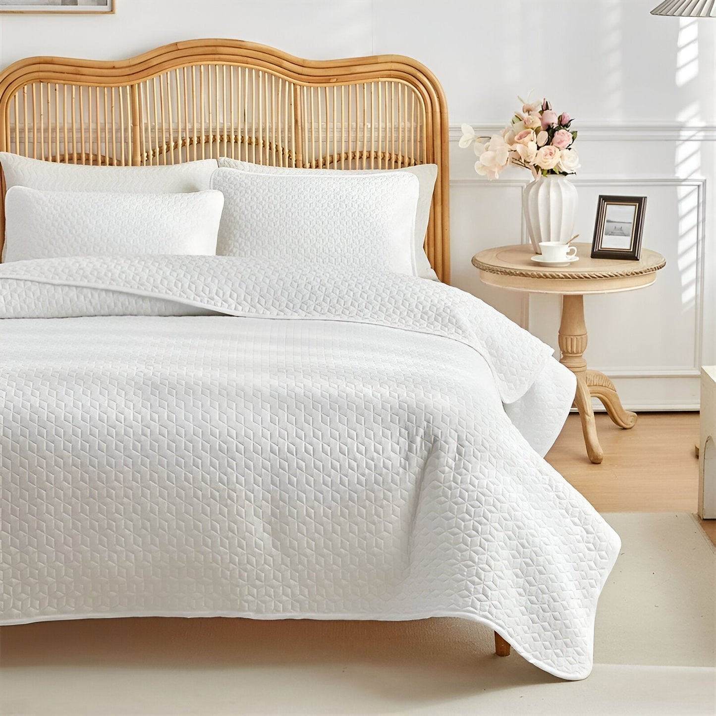Beige quilted bedspread set three-piece minimalist design with subtle texture for calm neutral bedroom