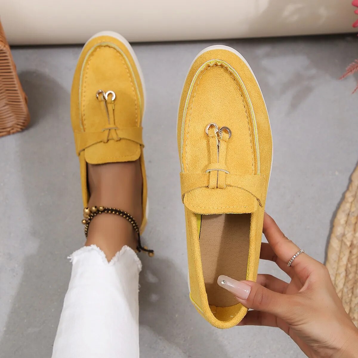 Women's Kestrel slip-on moccasins beige suede-finish PU leather everyday comfort flat shoes