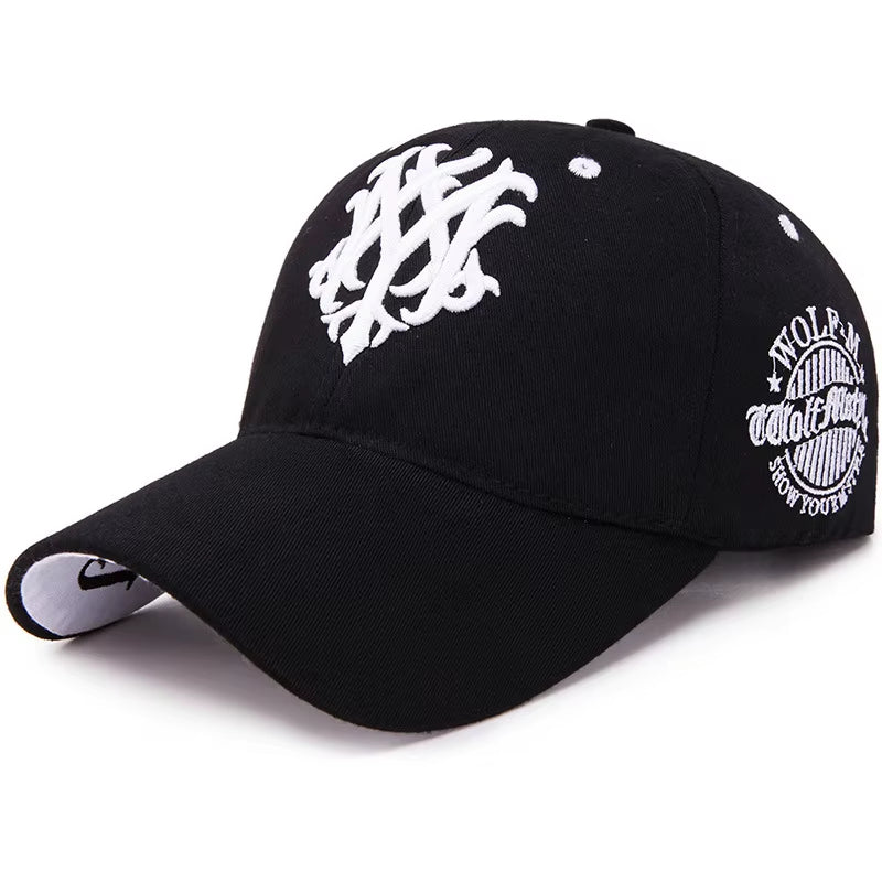 Black structured 6-panel baseball cap with embroidered wolf monogram insignia, premium cotton streetwear style