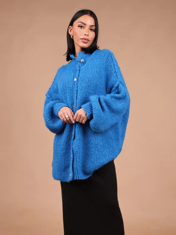 Women's oversized loose-fit cardigan with golden button details for effortless everyday chic