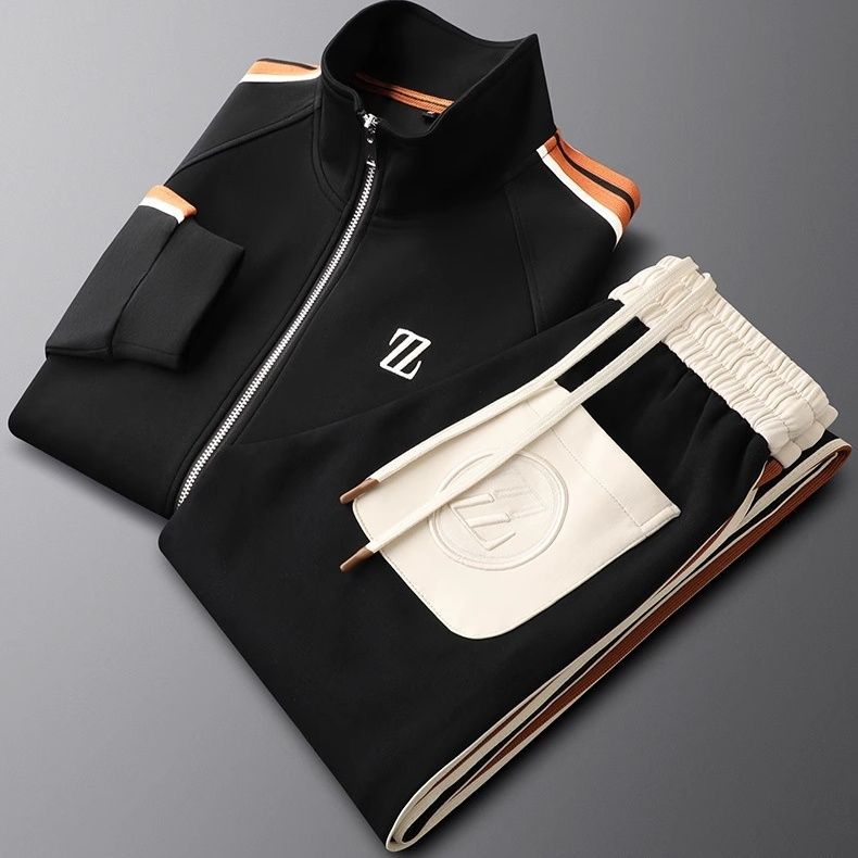 Men's navy tracksuit set zip jacket and joggers with contrast side stripes athletic slim fit