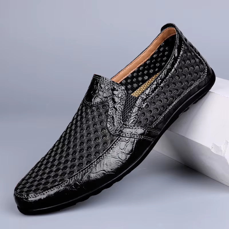 Men's mesh loafer slip-on shoe breathable perforated upper with faux leather detail