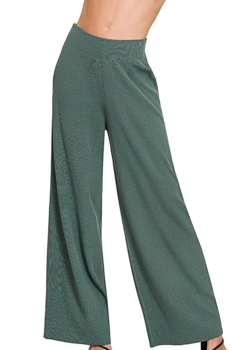 Zenana ribbed knit wide-leg sweater pants high-rise elastic waist viscose blend comfort fit